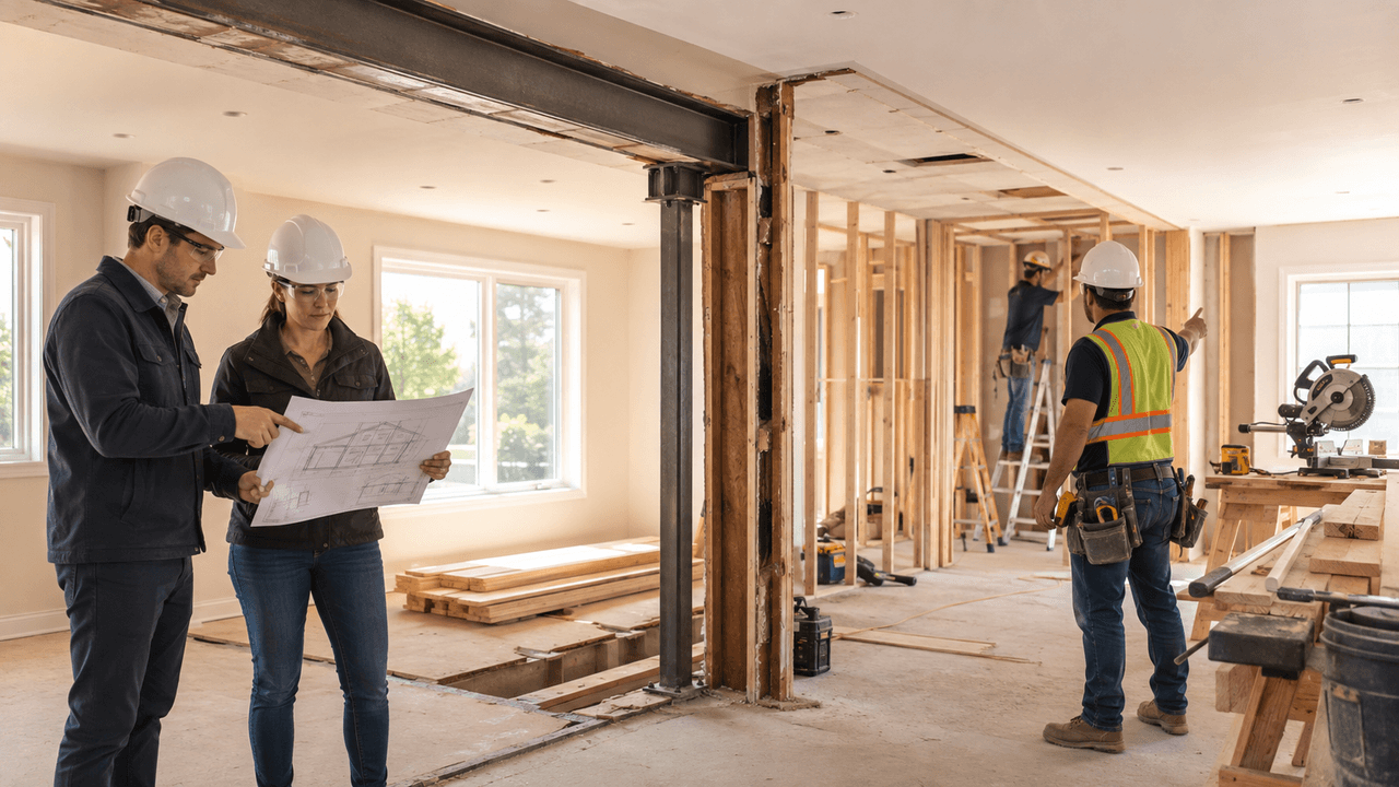 Construction professionals reviewing plans inside a home under interior renovation with exposed wood framing, steel beams and workers on site