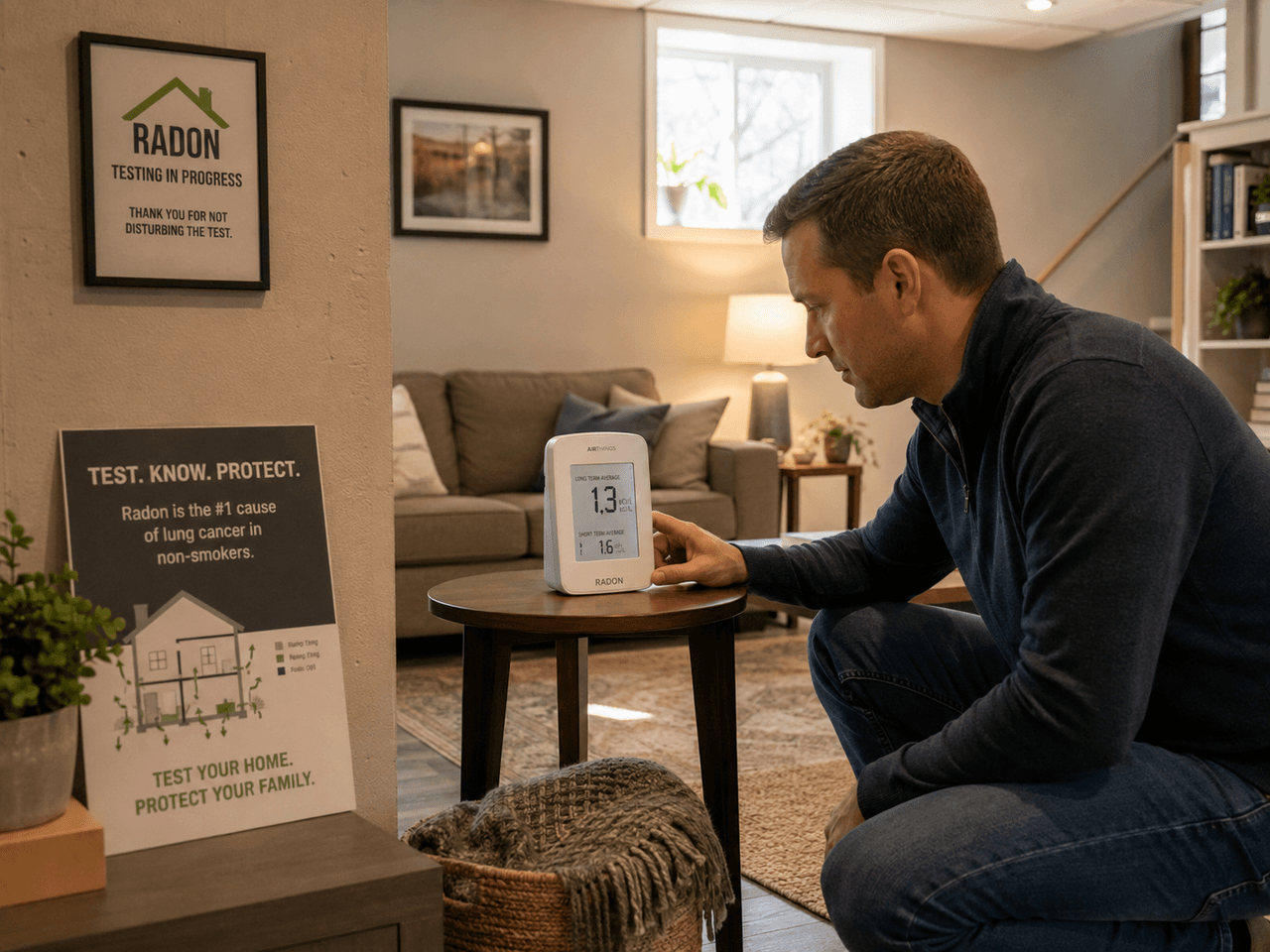Man checking a radon monitor in a finished basement with prevention posters, residential living room and indoor air quality testing device.