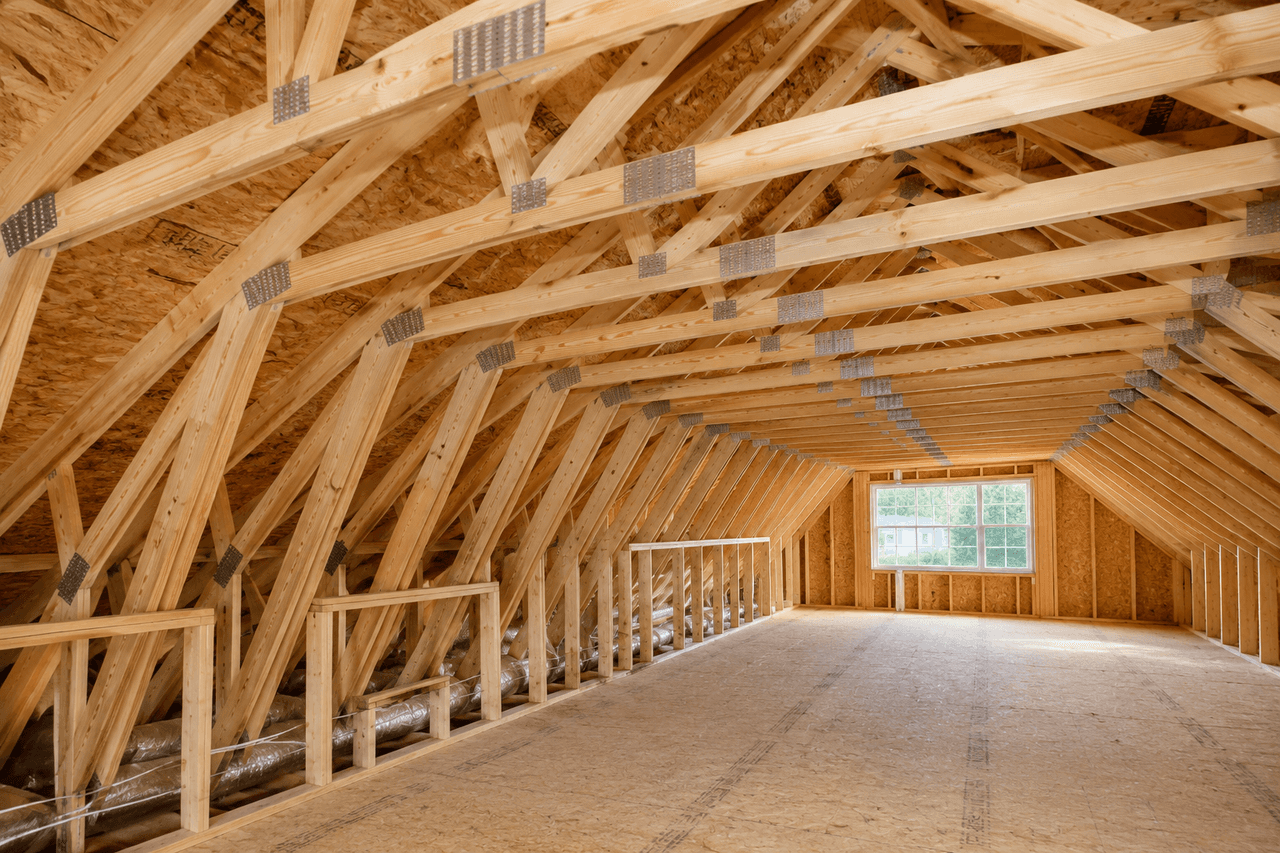 Wood roof framing with prefabricated trusses, metal connector plates and unfinished attic flooring