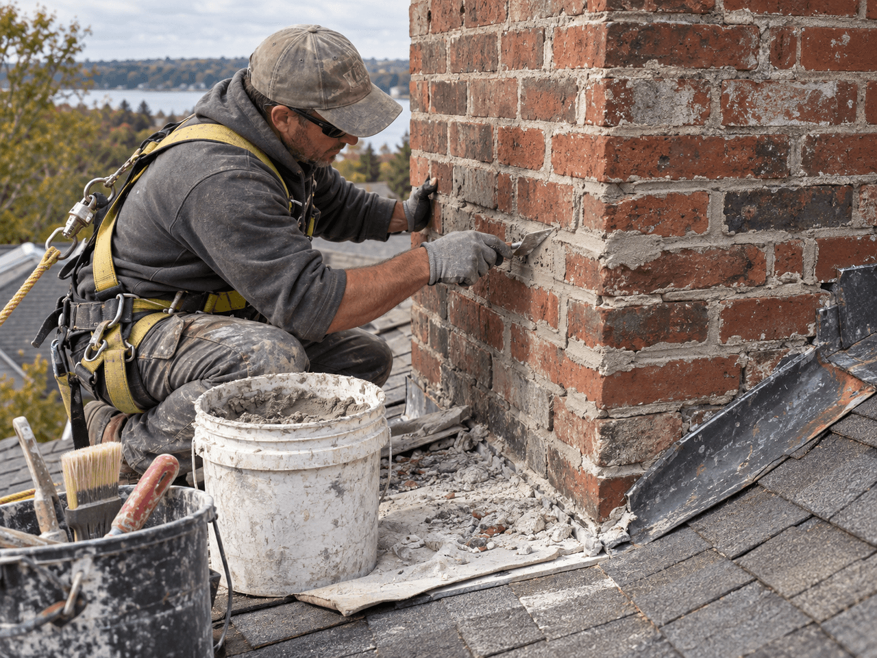 Mason repairing mortar joints on a red brick chimney atop a shingle roof, using a trowel, safety equipment and masonry materials