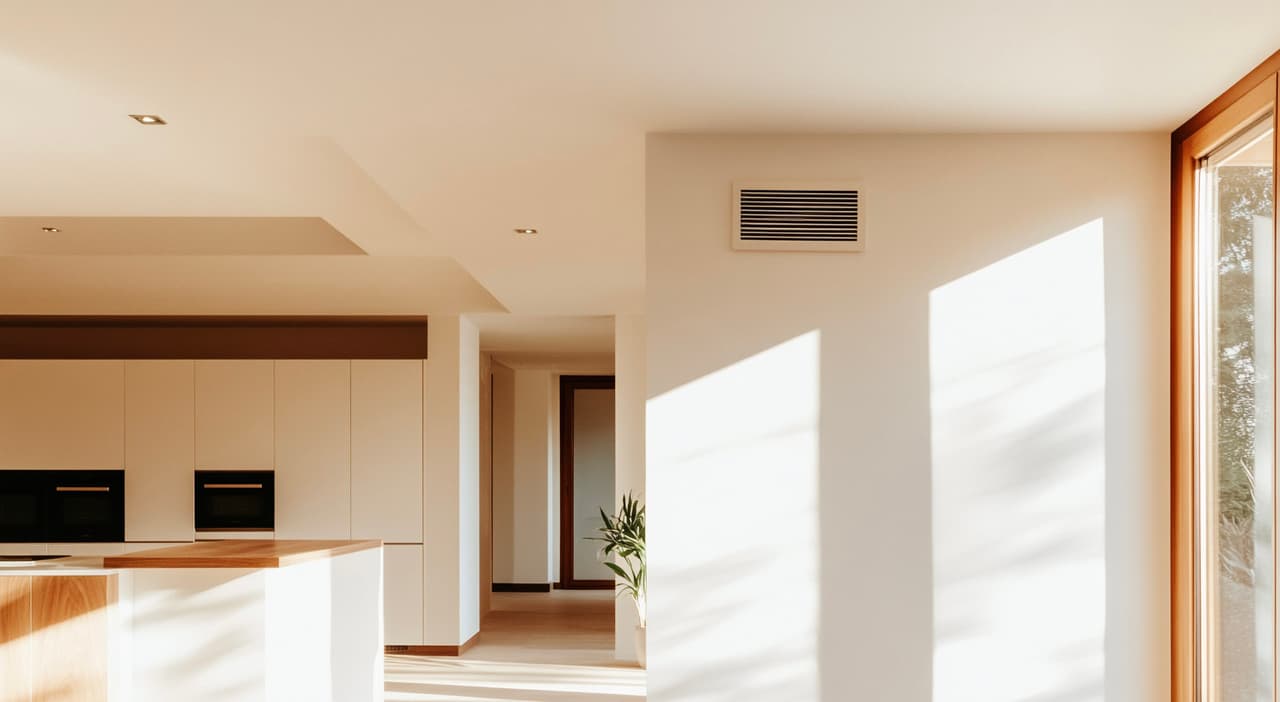 Bright modern kitchen featuring minimalist white cabinets, natural wood kitchen island, recessed ceiling lighting, large window and white walls illuminated by natural sunlight.
