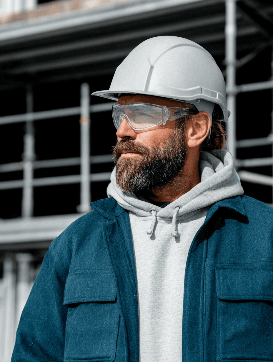 Construction professional wearing a white safety helmet and protective glasses in front of a building site with scaffolding