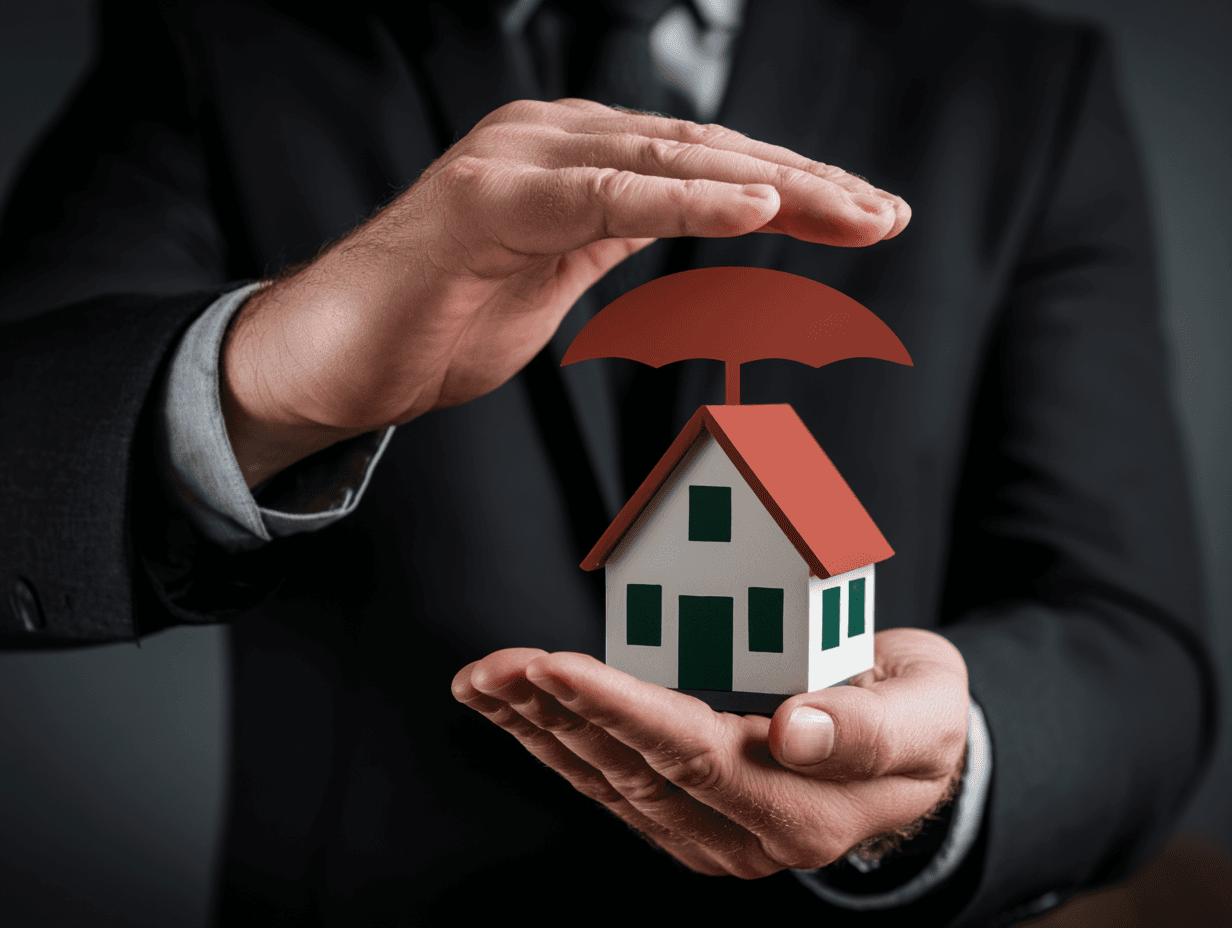 Home insurance concept showing a miniature house protected by an umbrella and held in the hands of a professional wearing a suit