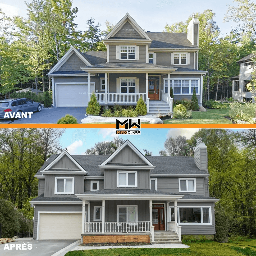  Before-and-after comparison of a renovated and expanded residential house featuring a modified facade, added volume, new exterior siding, windows, and a front porch