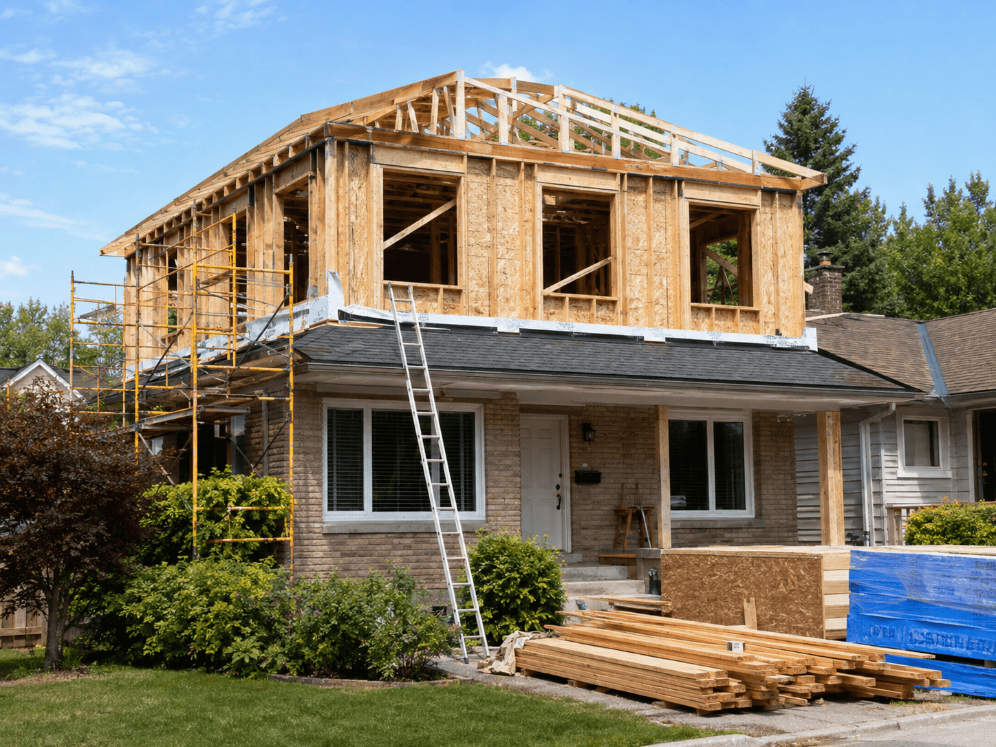 Residential second-story addition under construction with wood framing, roof trusses, structural sheathing, scaffolding, and building materials