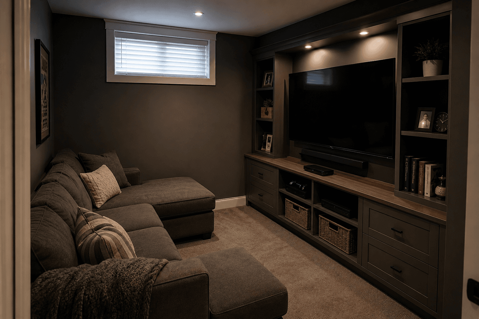 Modern home theatre with a large wall-mounted TV, custom built-in media cabinetry, sectional sofa, carpet and recessed lighting in a dark interior.