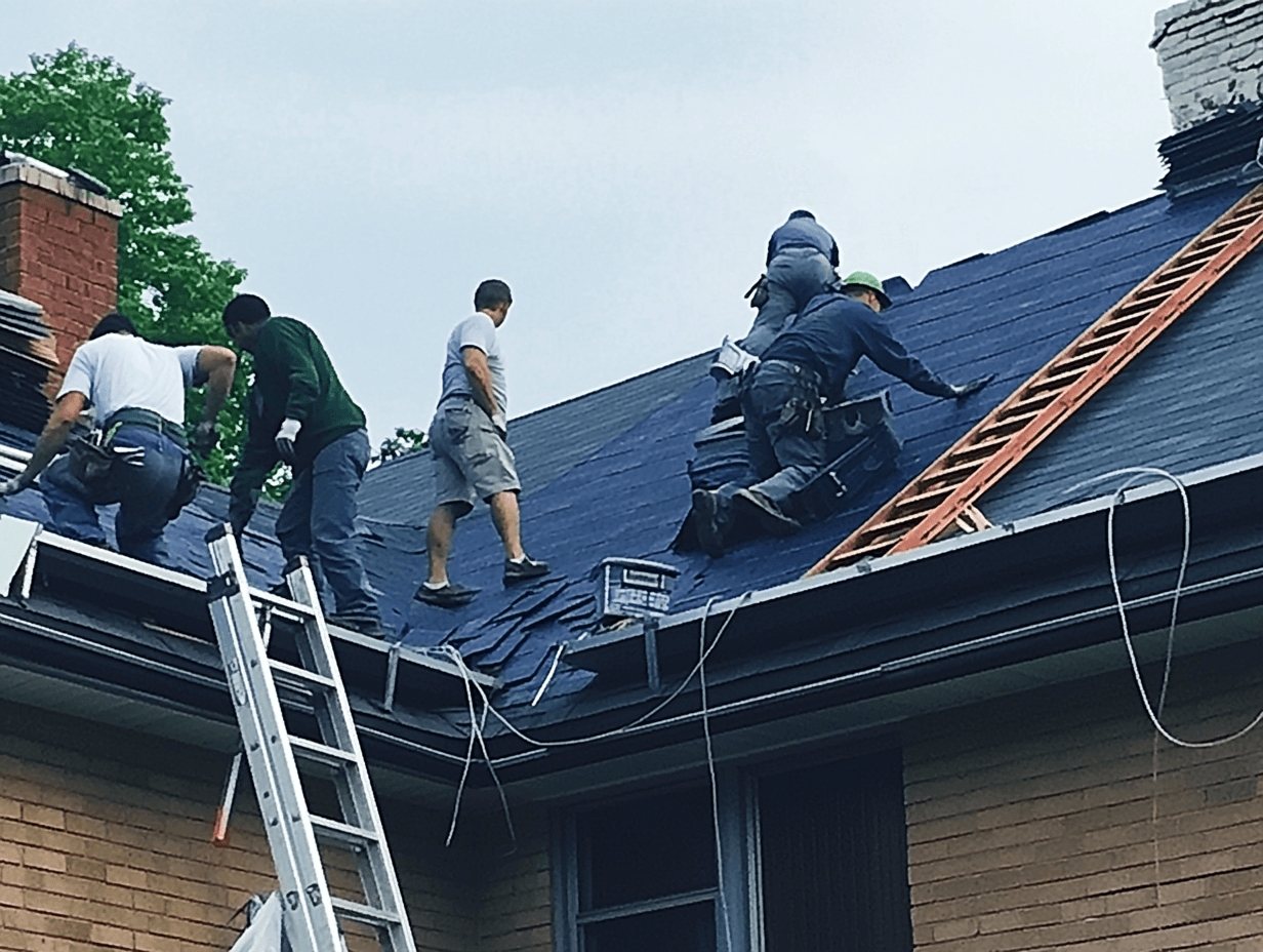 Roofing crew installing shingles on the sloped roof of a residential house, with ladders, tools and roofing materials