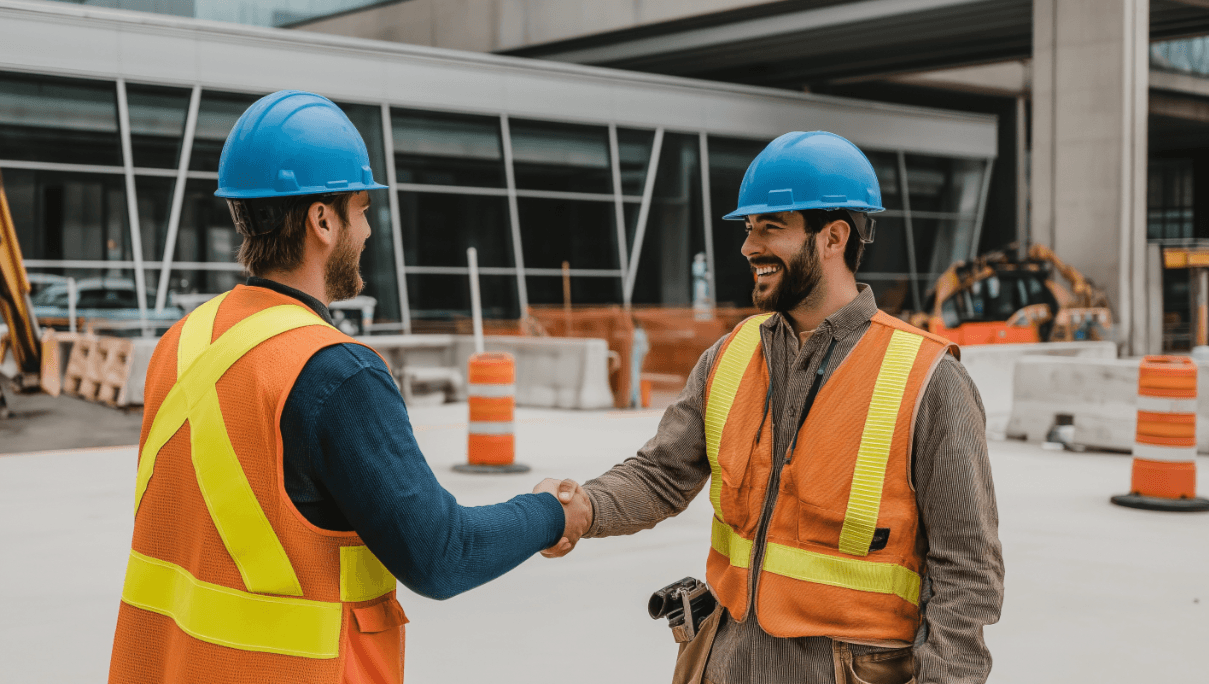 Two construction workers wearing blue hard hats and high-visibility vests shaking hands on an urban job site with equipment and safety barriers in the background