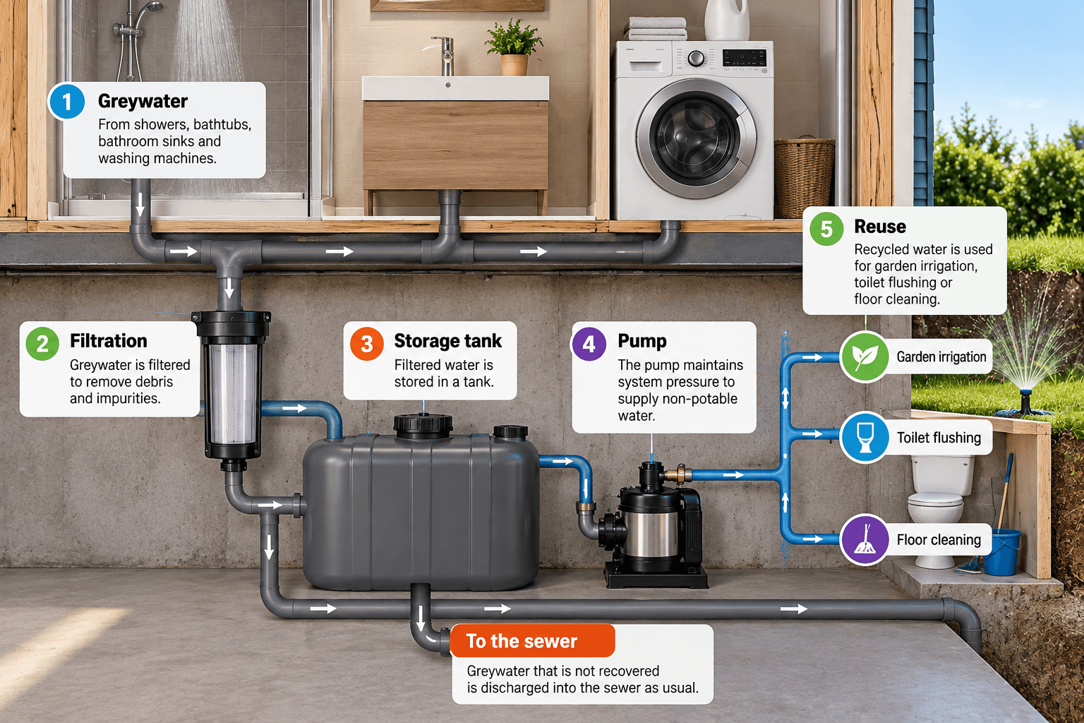  Illustration explaining how a residential greywater recycling and reuse system works, featuring filtration, a storage tank, a pump and recycled water distribution for garden irrigation, toilet flushing and floor cleaning