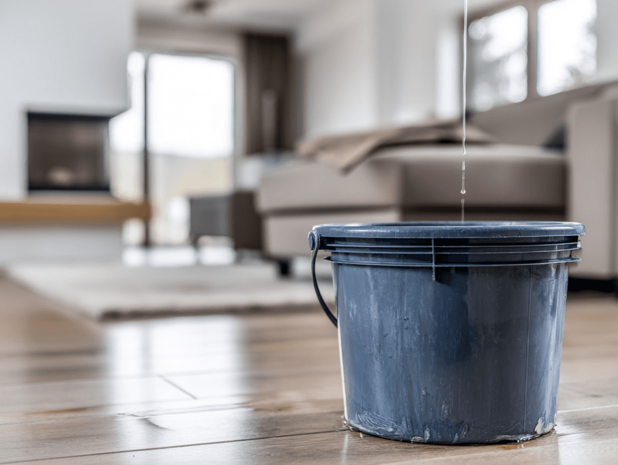 Bucket placed under a ceiling water leak in a residential living room, illustrating water damage requiring repair.