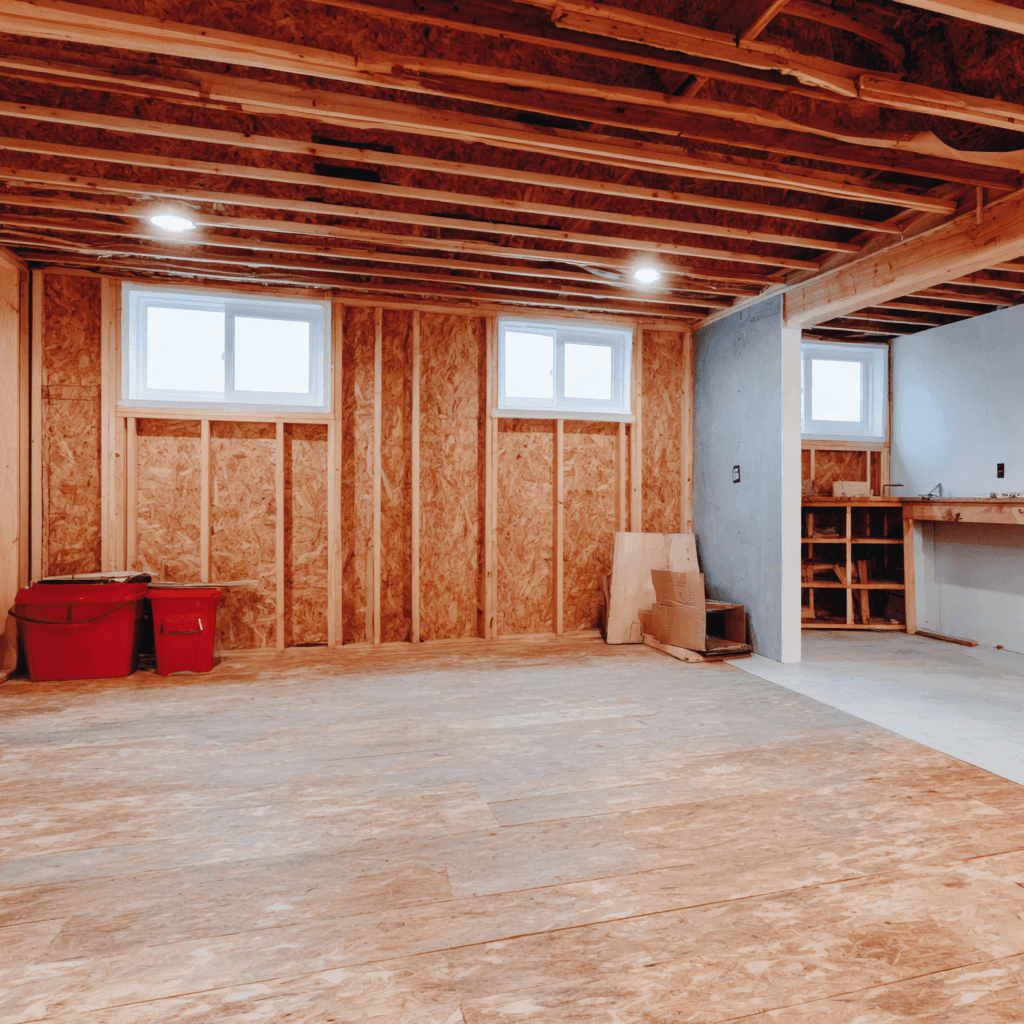 Residential basement under renovation with exposed wood framing, an open ceiling, recessed lighting, windows, unfinished flooring, and partially closed partition walls