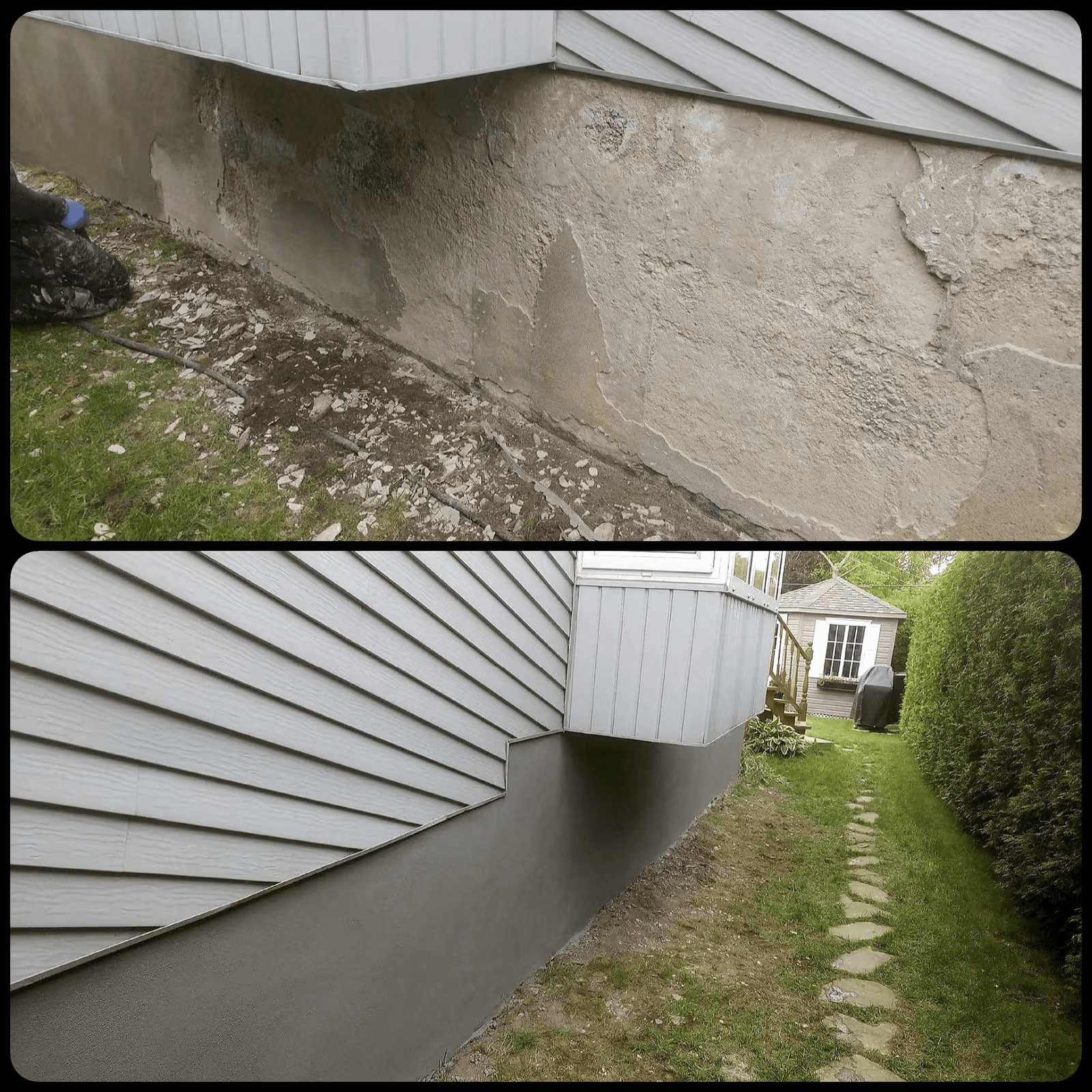 Before and after residential foundation parging repair showing a deteriorated exterior surface restored with a new smooth and uniform coating.