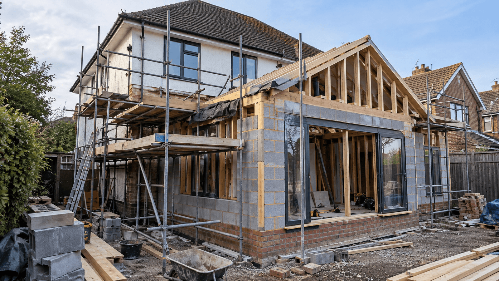 House extension under construction with timber framing, concrete block and brick walls, large openings and scaffolding surrounding the worksite