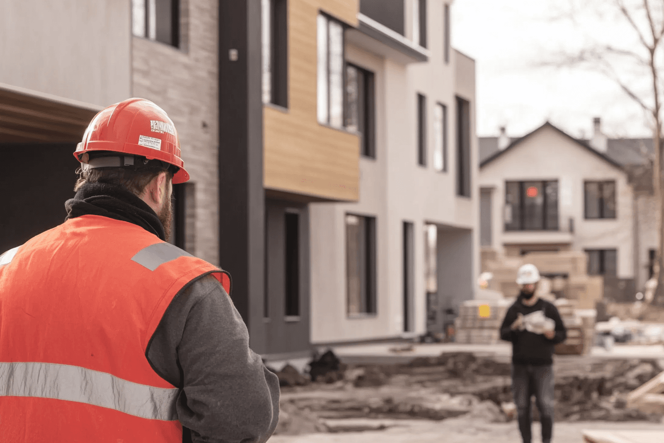 Construction supervisor in safety vest observing the building of modern house