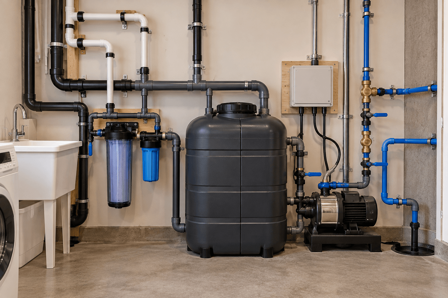Residential greywater recycling and reuse system installed in a laundry room, featuring a storage tank, two water filters, an electric pump, a control panel and a network of plumbing pipes