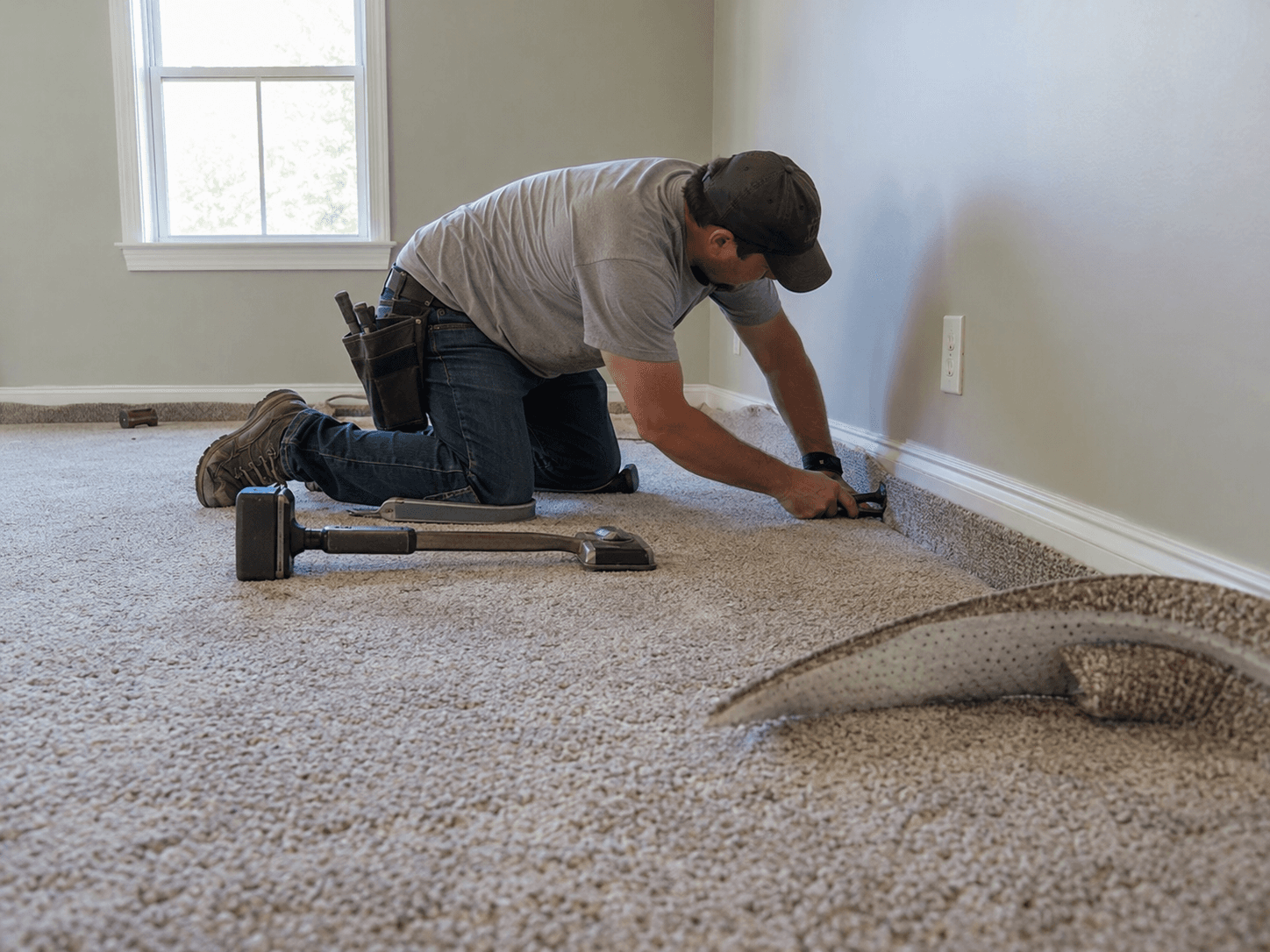 Carpet installer kneeling in a residential room while fitting beige carpet along the baseboards with professional flooring tools on the floor.