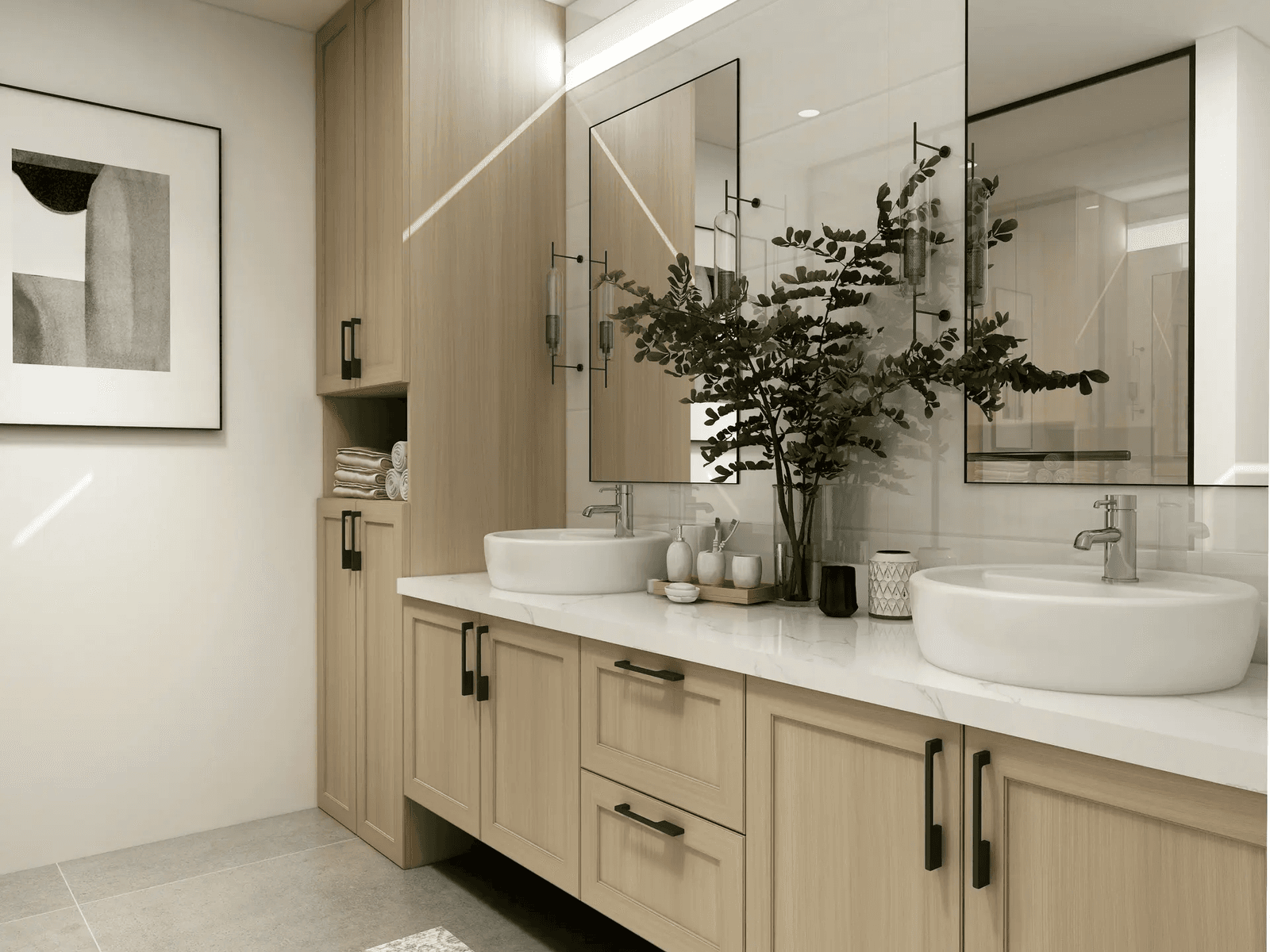 Modern bathroom with a wood vanity, double white sinks and marble countertop. Mirrors with integrated lighting, spacious storage and elegant plant decor.