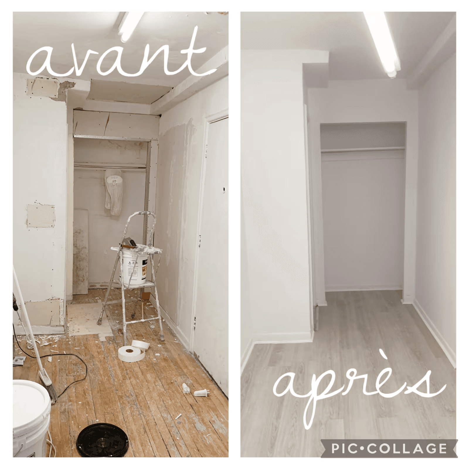Before-and-after interior renovation comparison showing a hallway under construction transformed into a clean finished space with white walls, new flooring, and built-in storage.
