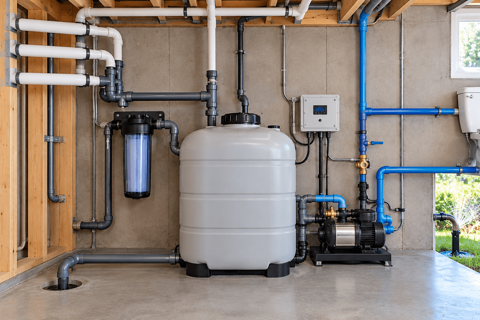 Residential greywater recycling and reuse system featuring a storage tank, water filter, pump, plumbing pipes and control panel, with piping connected to an outdoor garden irrigation system