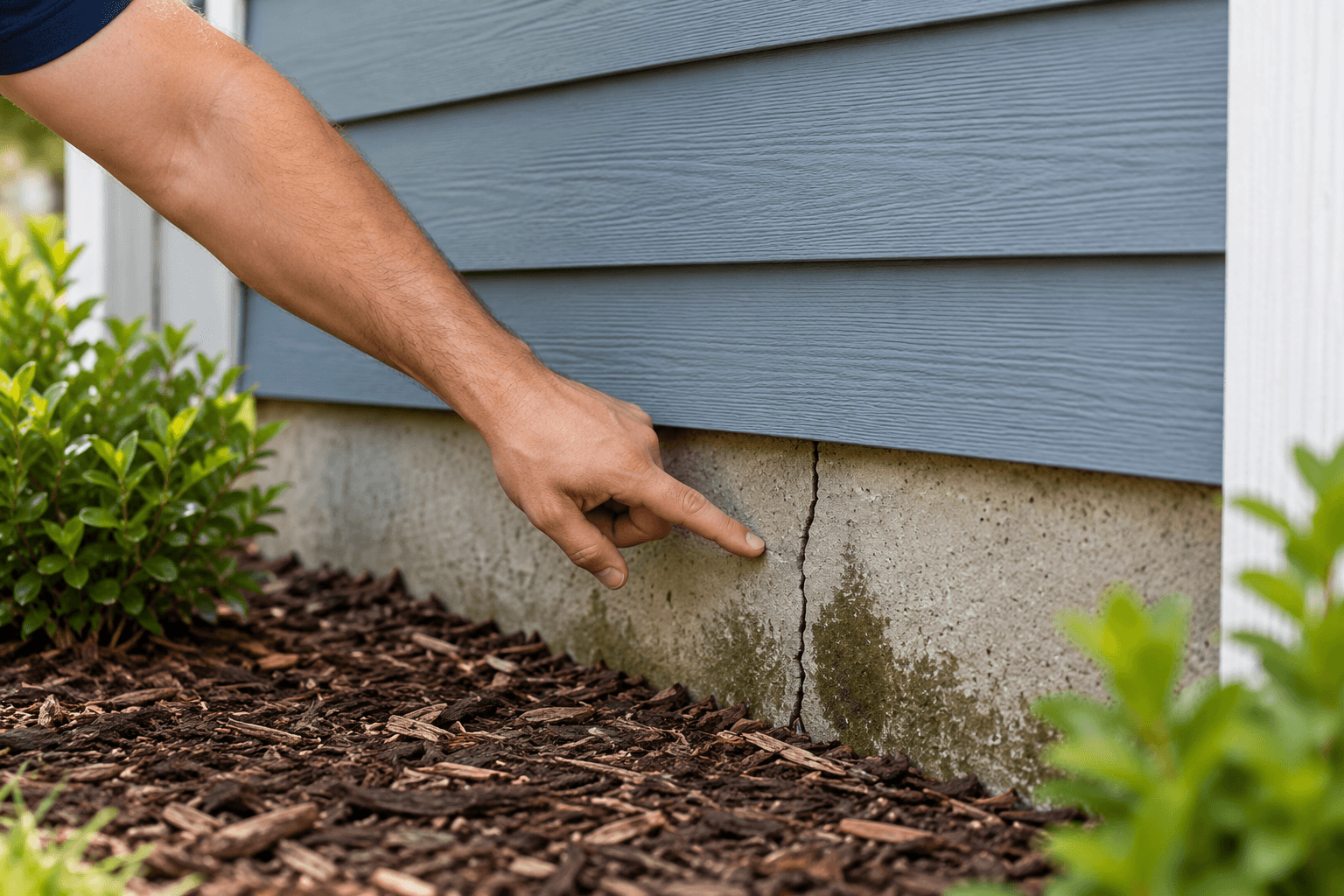 Inspection of a visible vertical crack in a home's concrete foundation beneath the exterior siding, with moisture marks near ground level