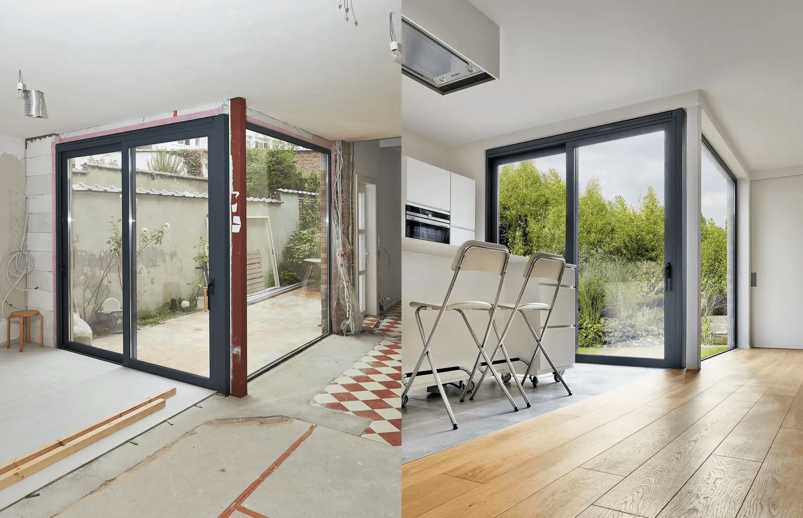 Before-and-after interior renovation comparison featuring large glass patio doors, a corner opening, a modern white kitchen, and new wood flooring