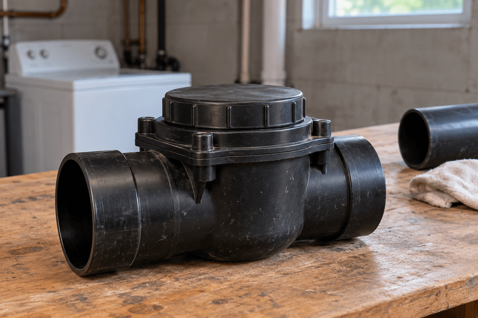 Black PVC residential sewer backwater valve with removable access cover displayed on a wooden workbench before installation in a plumbing drain pipe to prevent sewer backups and basement flooding.