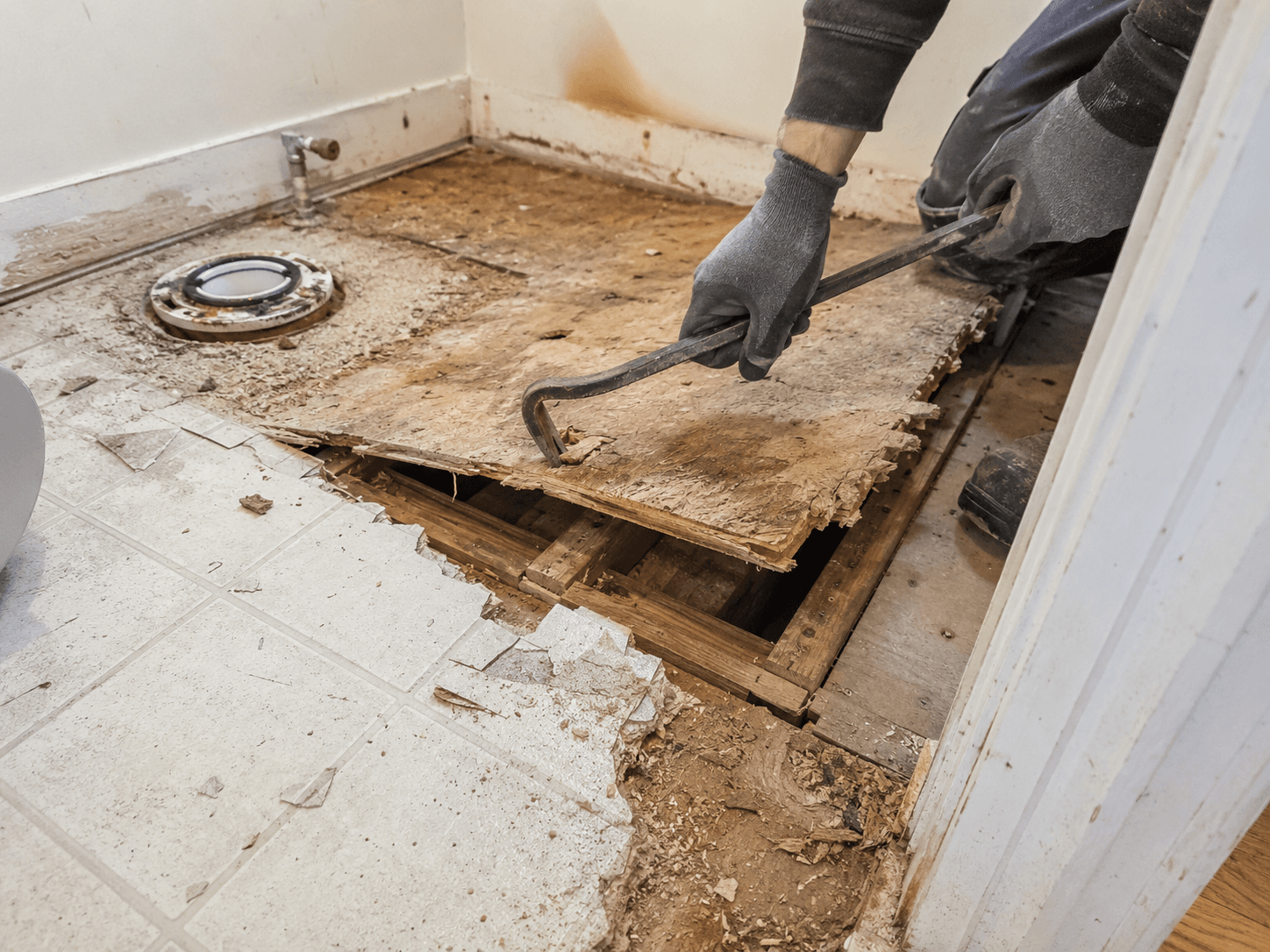 Worker removing a damaged subfloor in a small room with a pry bar, broken flooring and exposed wood framing