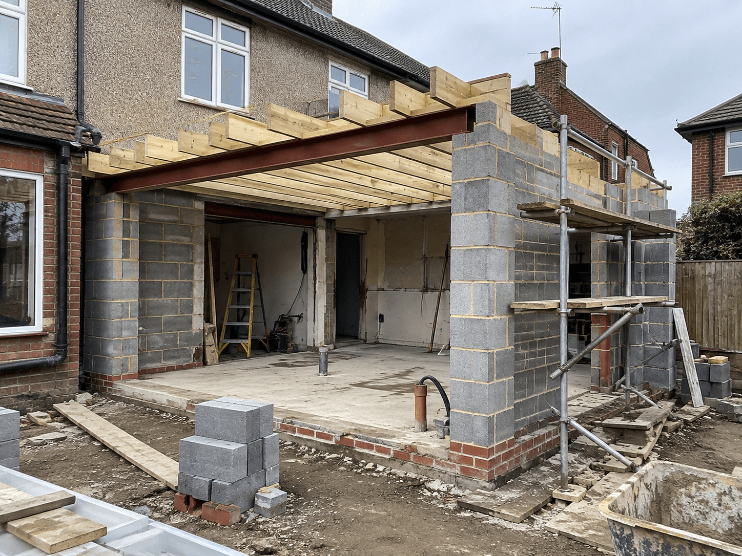 House extension under construction with concrete block walls, steel beams, timber floor framing and exterior scaffolding