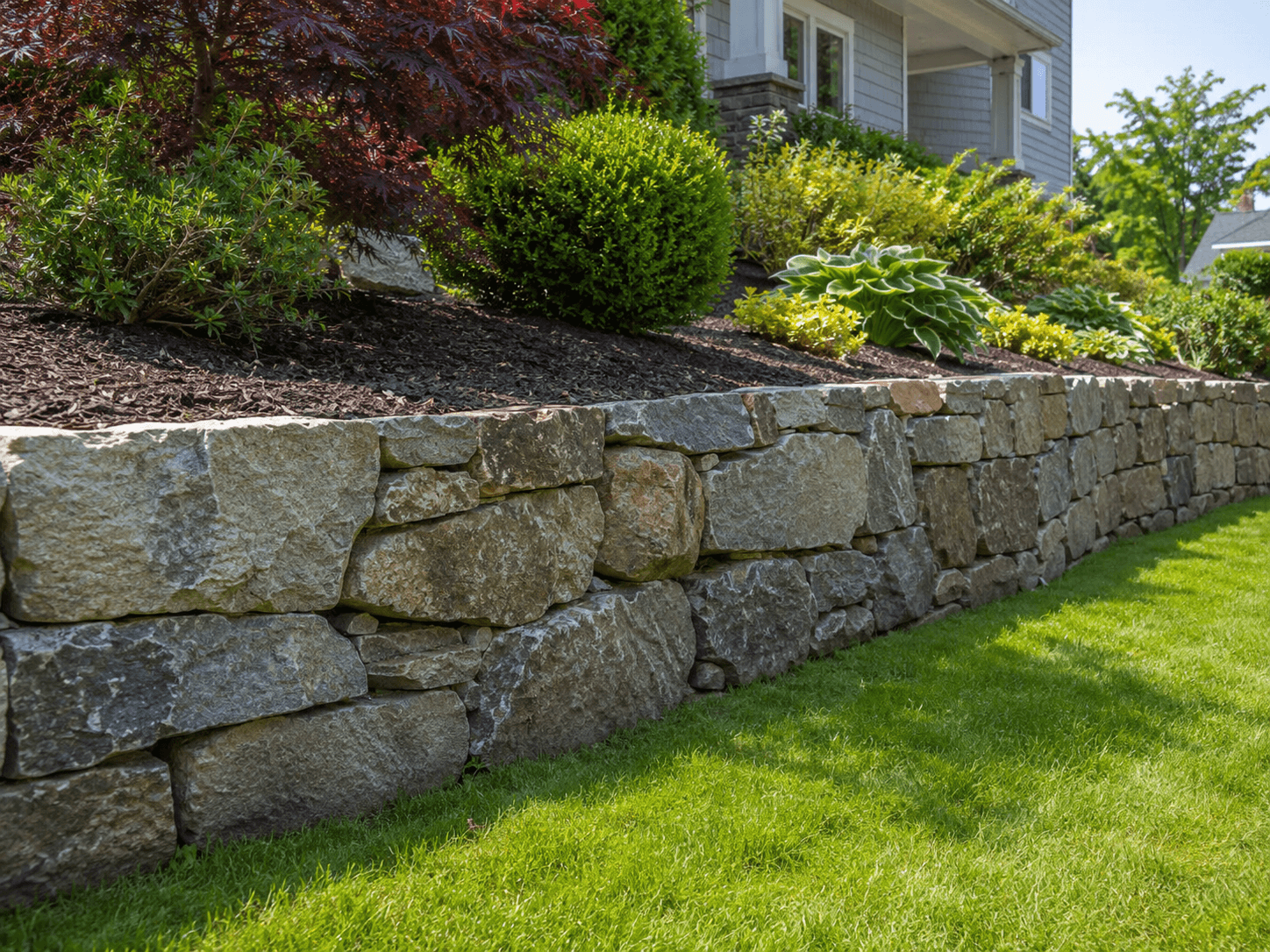Natural stone retaining wall built on a sloped residential property with lawn, mulch, shrubs and decorative landscaping