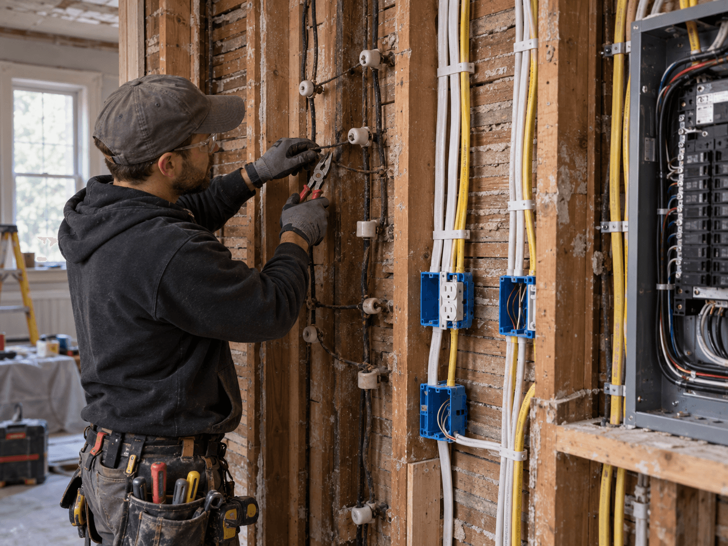Electrician replacing old porcelain insulator wiring with a modern electrical installation featuring new cables, outlets and an electrical panel in a house under renovation