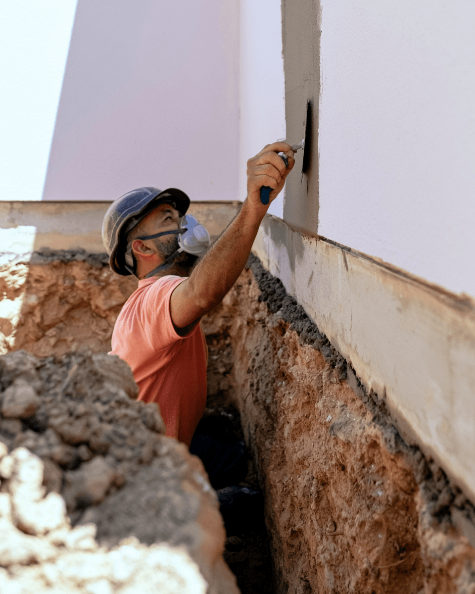 Construction worker wearing a hard hat and respirator while applying a product to a foundation wall from an excavated trench