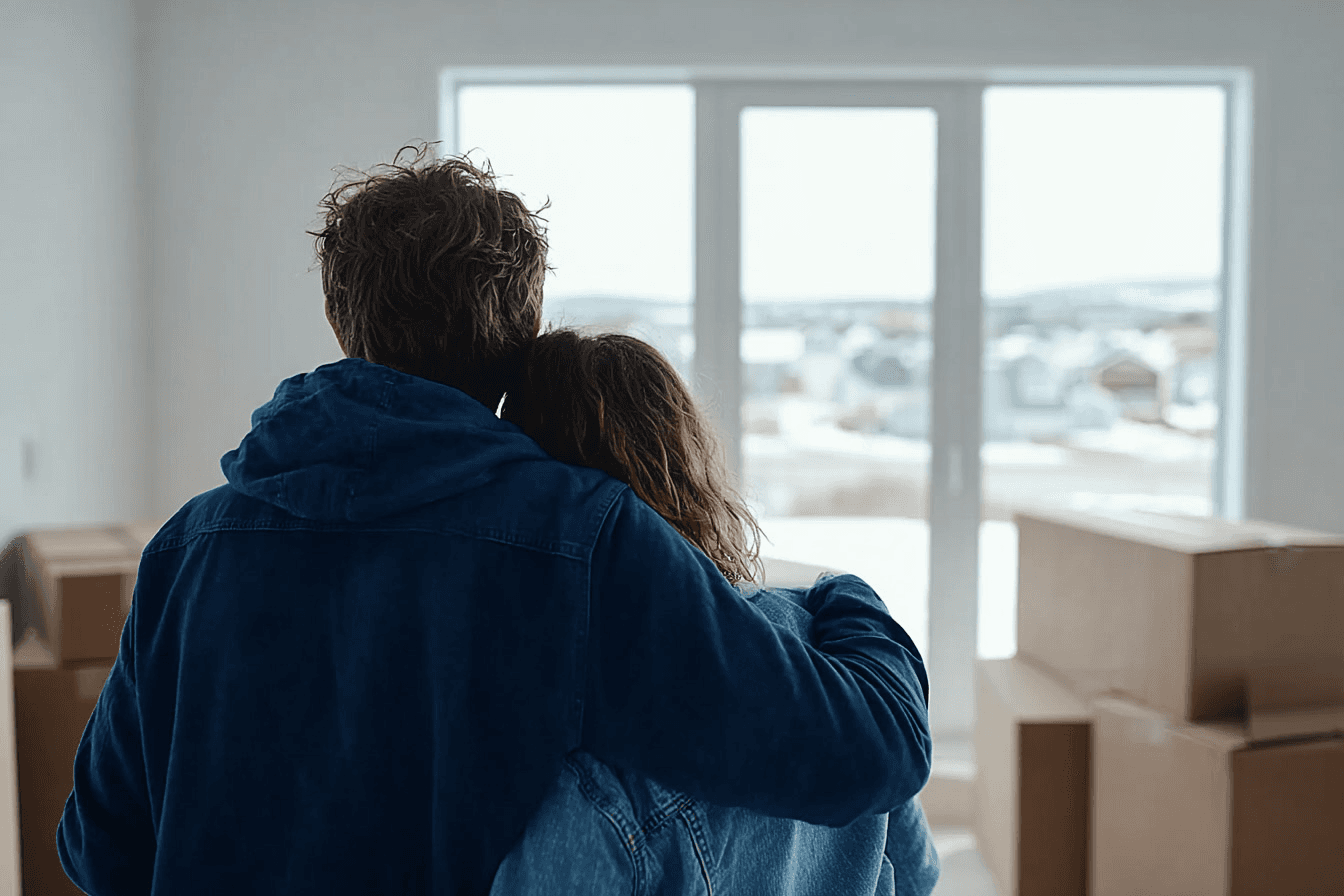 Couple seen from behind in a bright room with several moving boxes, looking through a large window toward a residential neighbourhood.