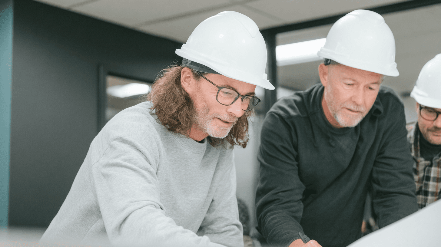 Construction professionals wearing hard hats and reviewing technical plans during a job site meeting