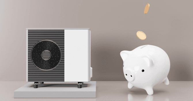 Heat pump unit next to a piggy bank with coins, symbolizing energy savings and financial incentives