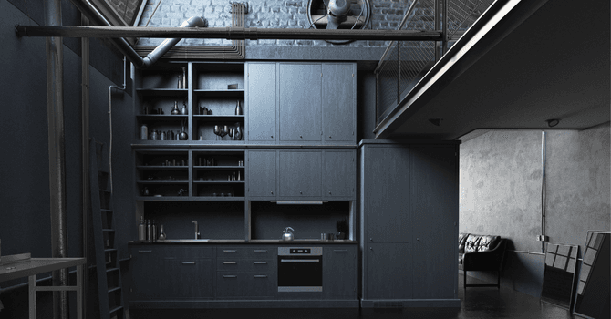 all-black industrial kitchen