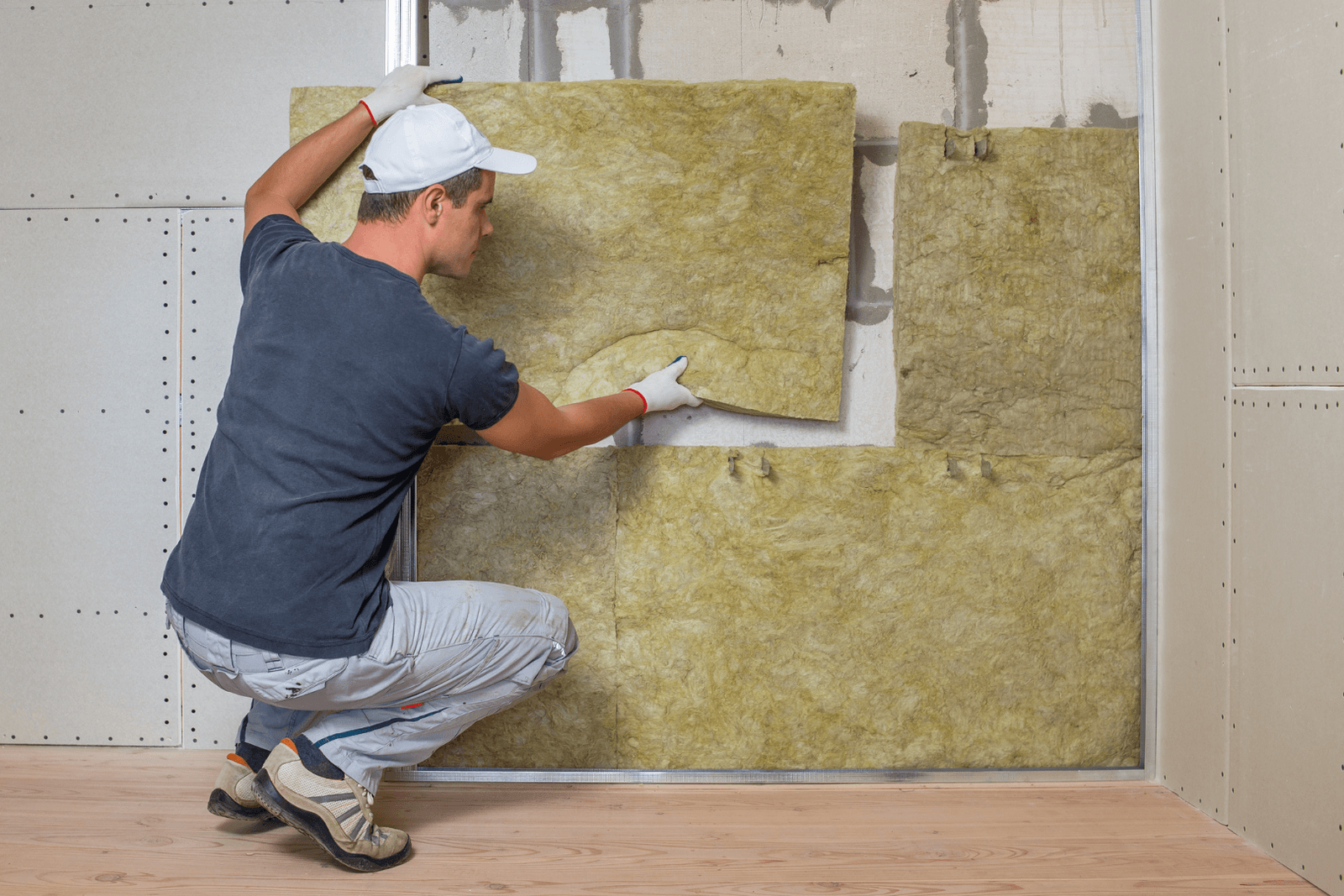 contractor insulating a wall from the inside