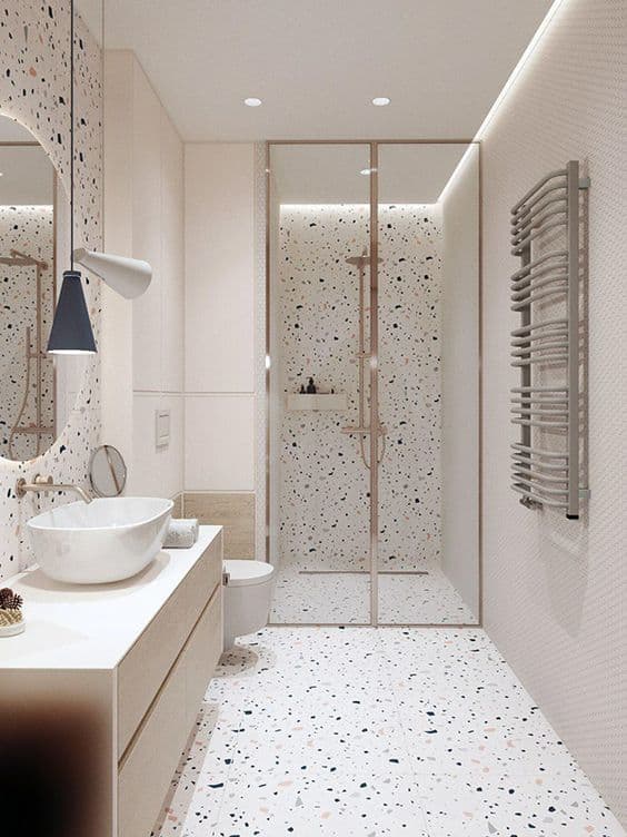 revêtement de plancher picoté_Soumission Rénovation_terrazo floor bathroom